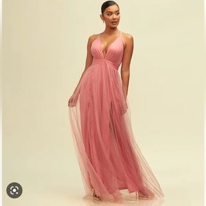 LUXXEL Elegant BARBIE pink V-neck Tulle Slit Maxi Dress Size Medium